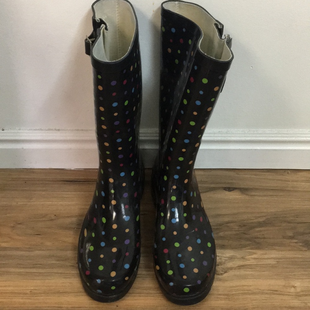 Black/Rainbow Polkadot Rain Boots